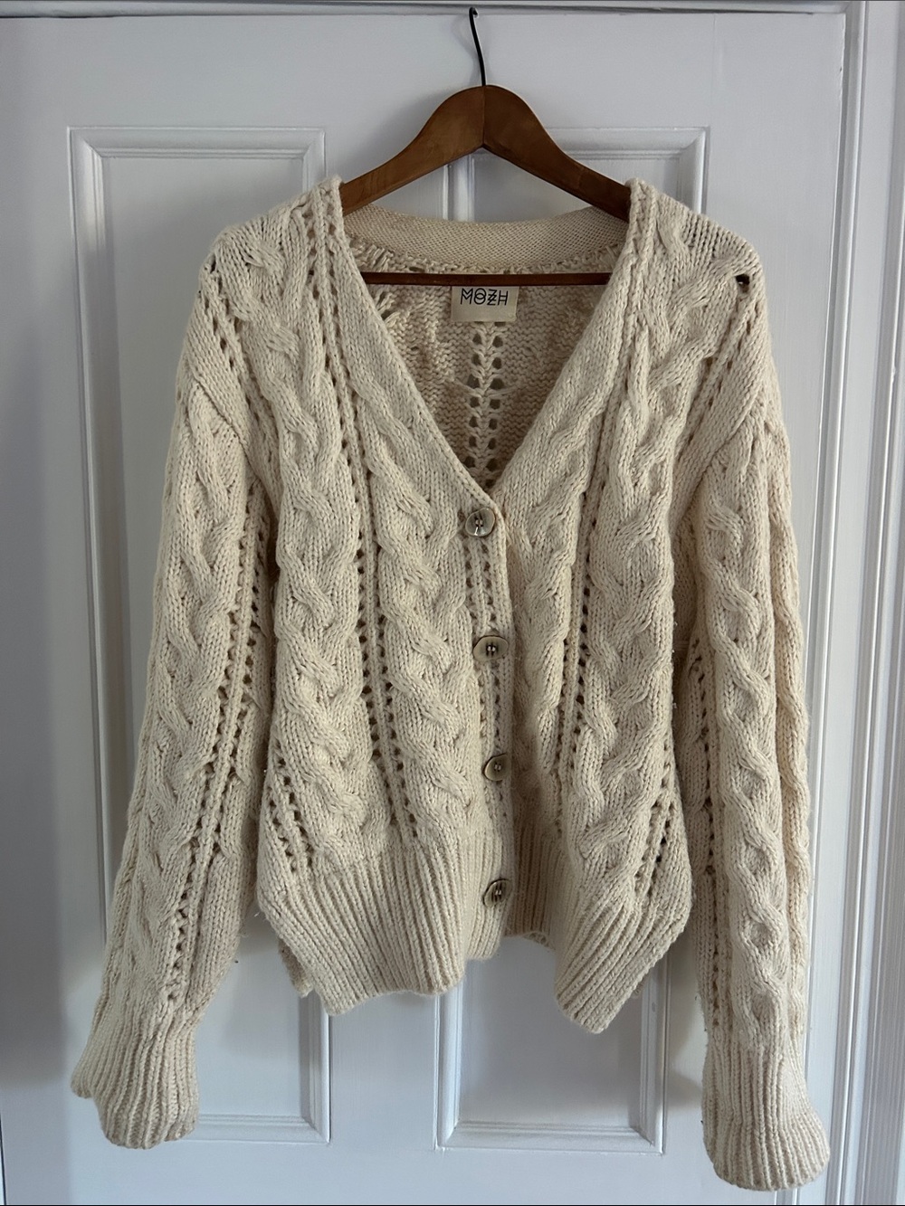 No. 6 MOZH Cream baby alpaca and merino Cable Knit Cardigan with long arms